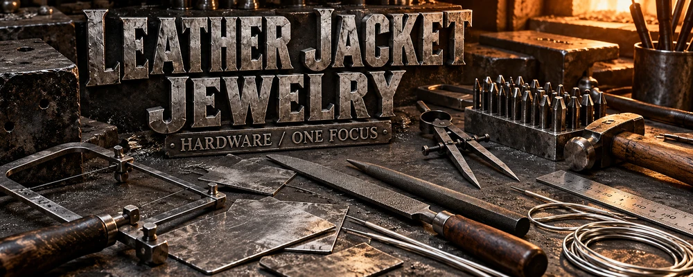 Leather jacket jewelry visual balance represented by engraved steel lettering, jeweler saw, files, calipers, ruler, punches, raw metal and warm forge light in a dark workshop