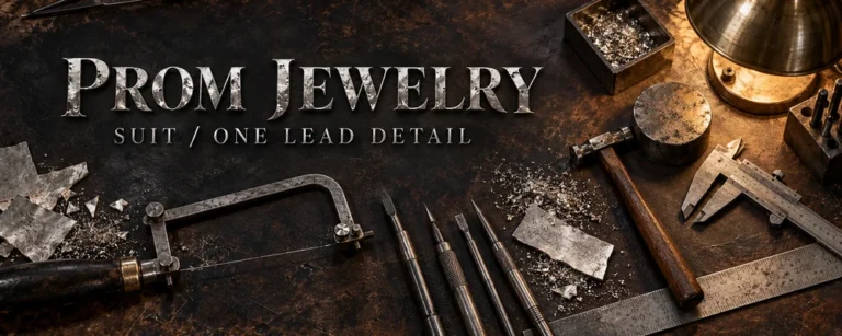 Prom jewelry planning represented by hammered silver lettering, jeweler saw, gravers, calipers, ruler, chasing hammer, raw silver and warm bench light in a dark workshop