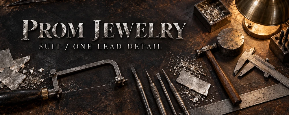 Prom jewelry planning represented by hammered silver lettering, jeweler saw, gravers, calipers, ruler, chasing hammer, raw silver and warm bench light in a dark workshop
