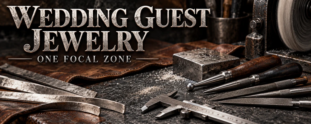 Wedding guest jewelry balance represented by a polishing station, calipers, burnishers, fine files, a steel bench block and raw silver strips in a dark workshop