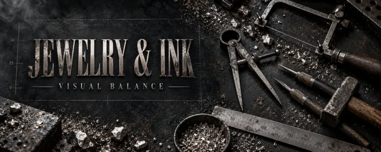 Jewelry and ink visual balance represented by calipers, gravers, a jeweler saw, a hammer, a ruler and raw silver on a dark workshop bench