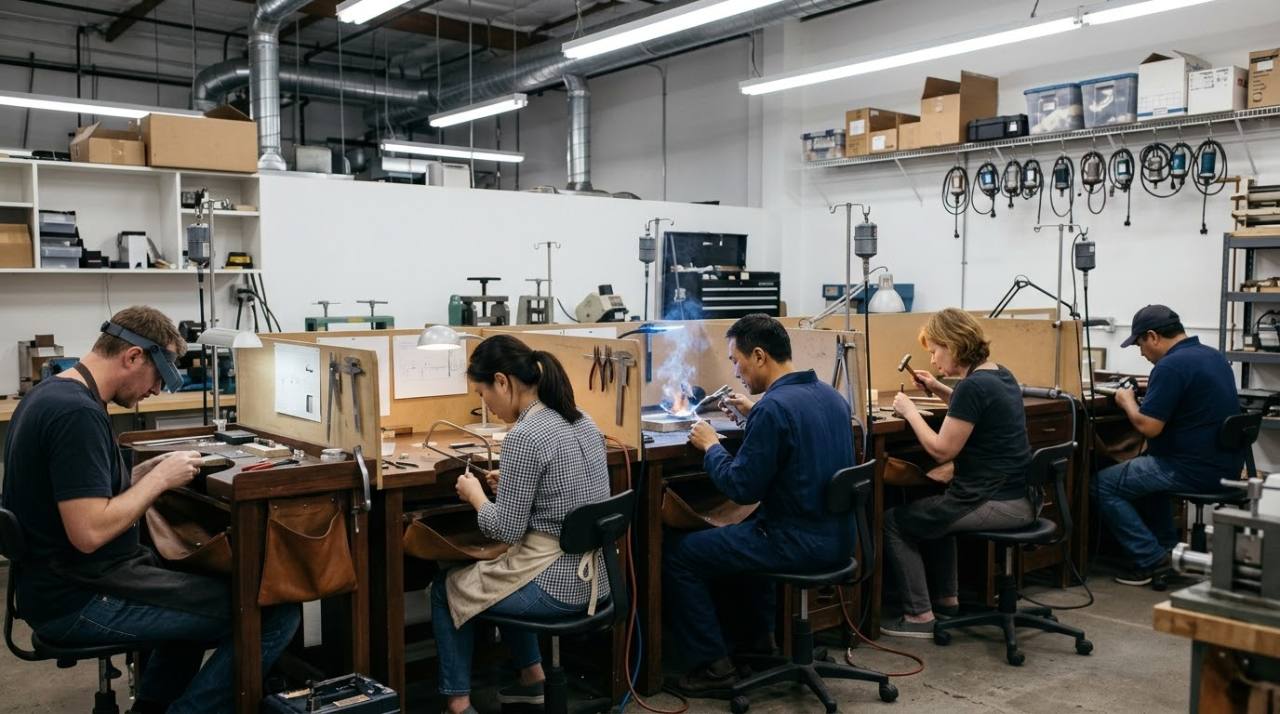 MENSSKULL craftspeople working at individual benches in the brand’s own workshop