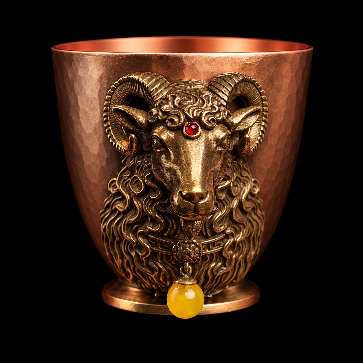 Ram-head copper mini cup, Earth - Yellow Style option with yellow hanging bead on black background