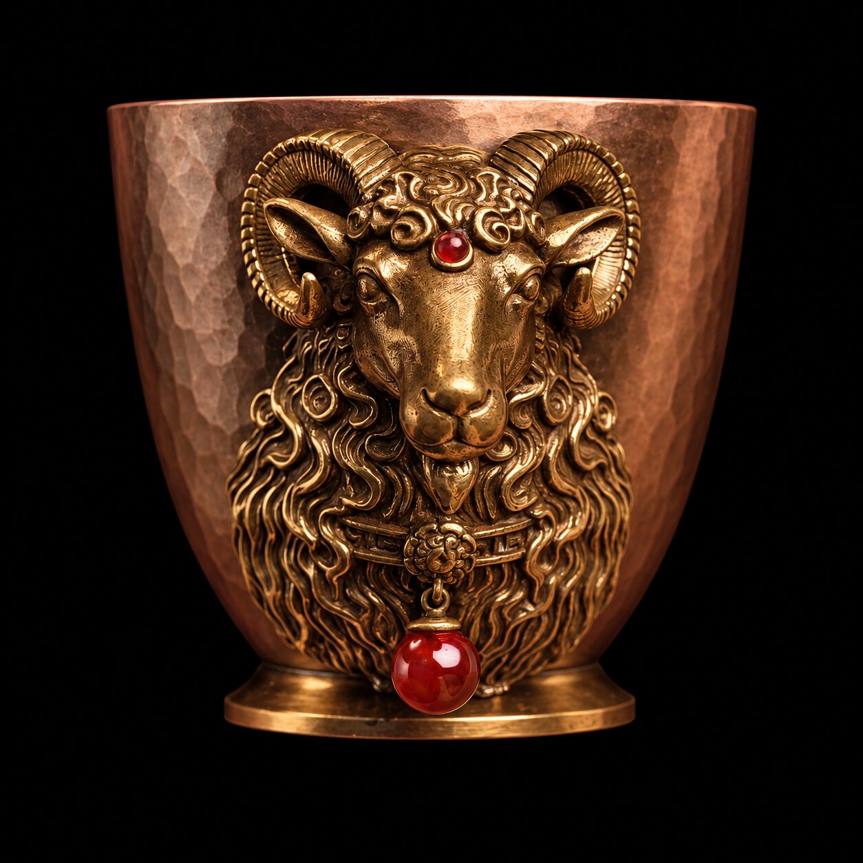 Ram-head copper mini cup, Fire - Red Style option with red hanging bead on black background