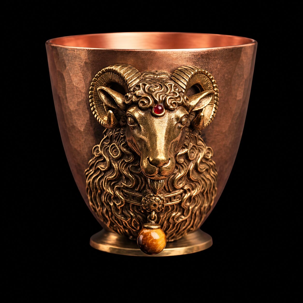 Ram-head copper mini cup, Gold - Tiger-Eye Style option with amber-brown hanging bead on black background