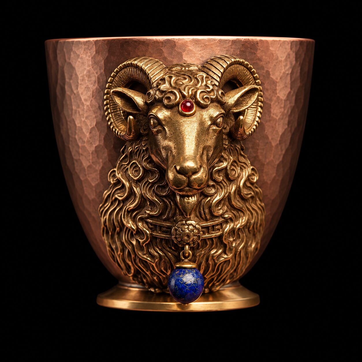 Ram-head copper mini cup, Water - Blue Style option with blue hanging bead on black background