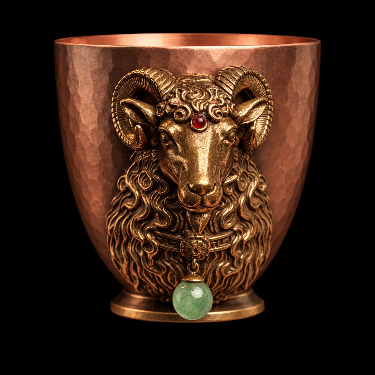 Ram-head copper mini cup, Wood - Green Style option with green hanging bead on black background