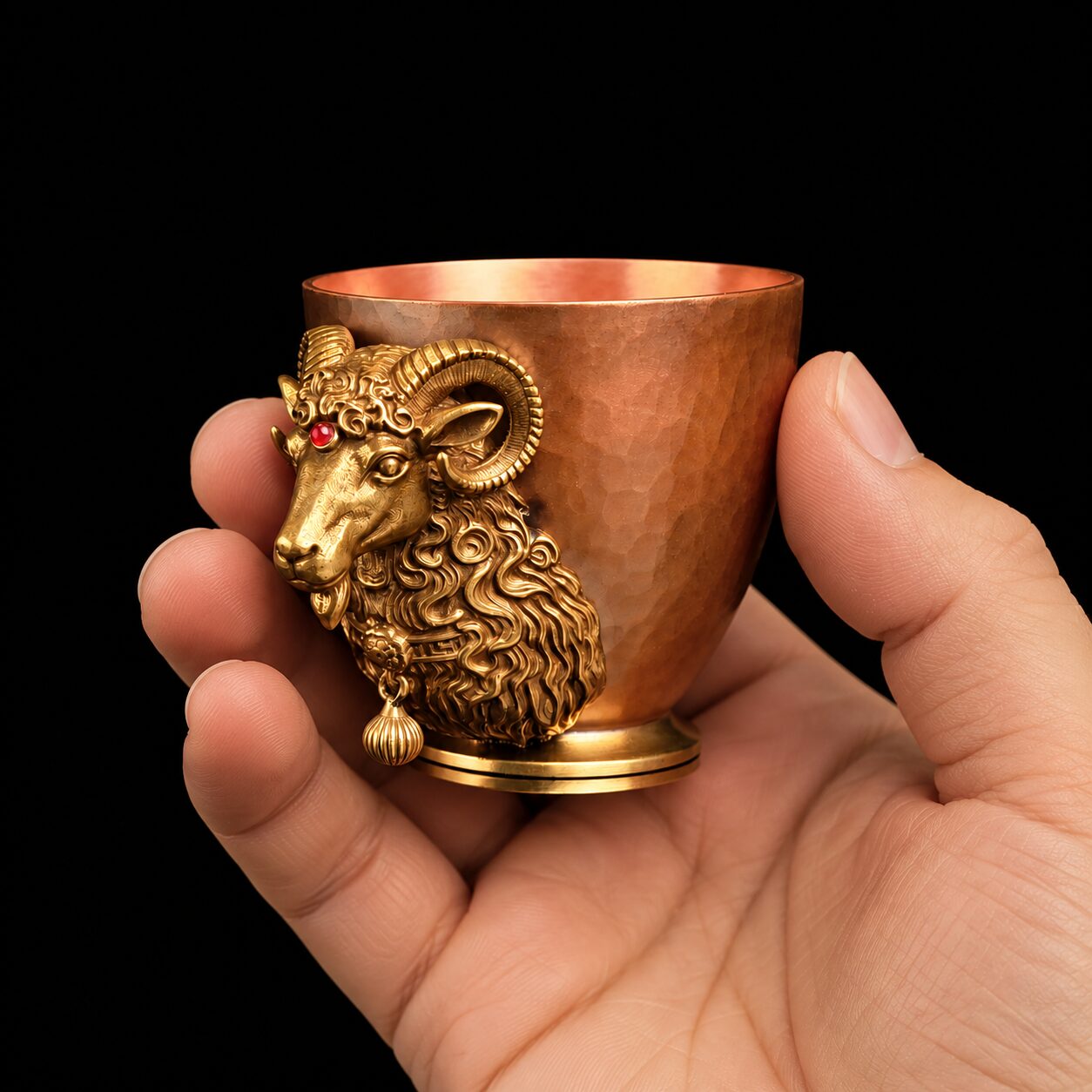 AI-assisted hand-held scale view of the ram-head copper mini cup from a three-quarter angle
