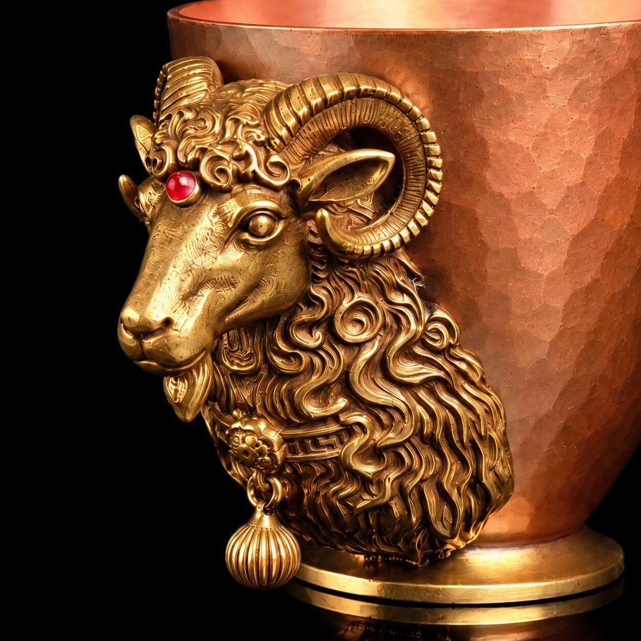 AI-assisted close-up of the ram-head relief and hammered copper cup wall
