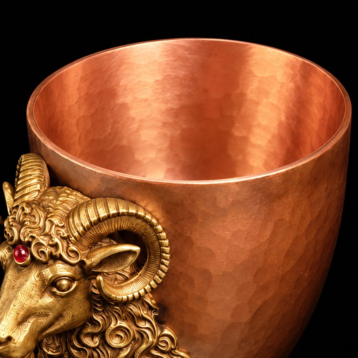 AI-assisted close-up of the copper cup rim and visible interior