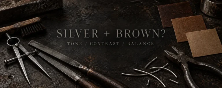 Silver and brown outfit contrast represented by steel tools, raw silver wire and warm brown swatch cards on a dark workshop bench