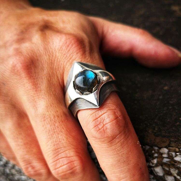 Carved Cross Moonstone Ring - Heavy 925 Sterling Silver Gothic Gift