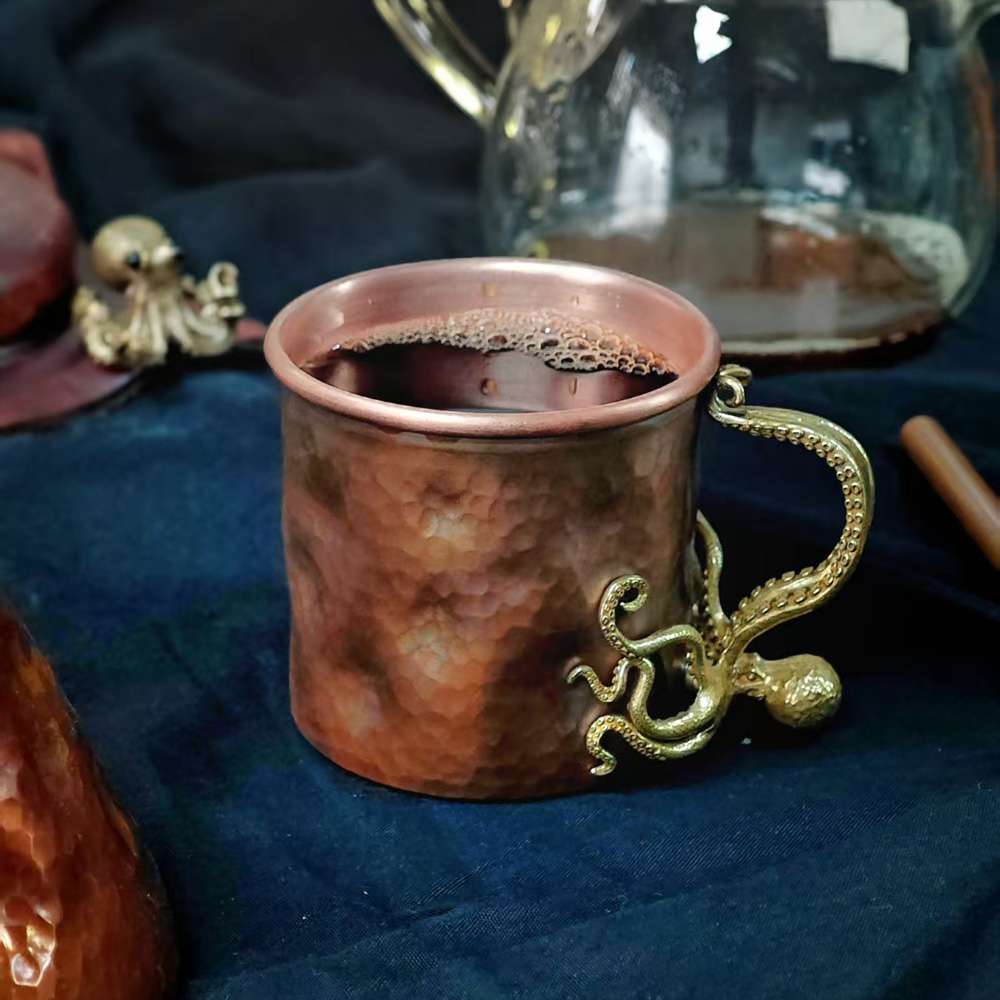 Red Copper Coffee Cup with Octopus Handle | Handmade Tea & Espresso Mug