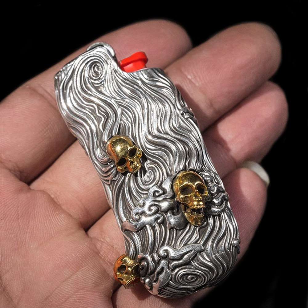 Skull Silver & Brass BIC Lighter Case - Hand Engraved Cover