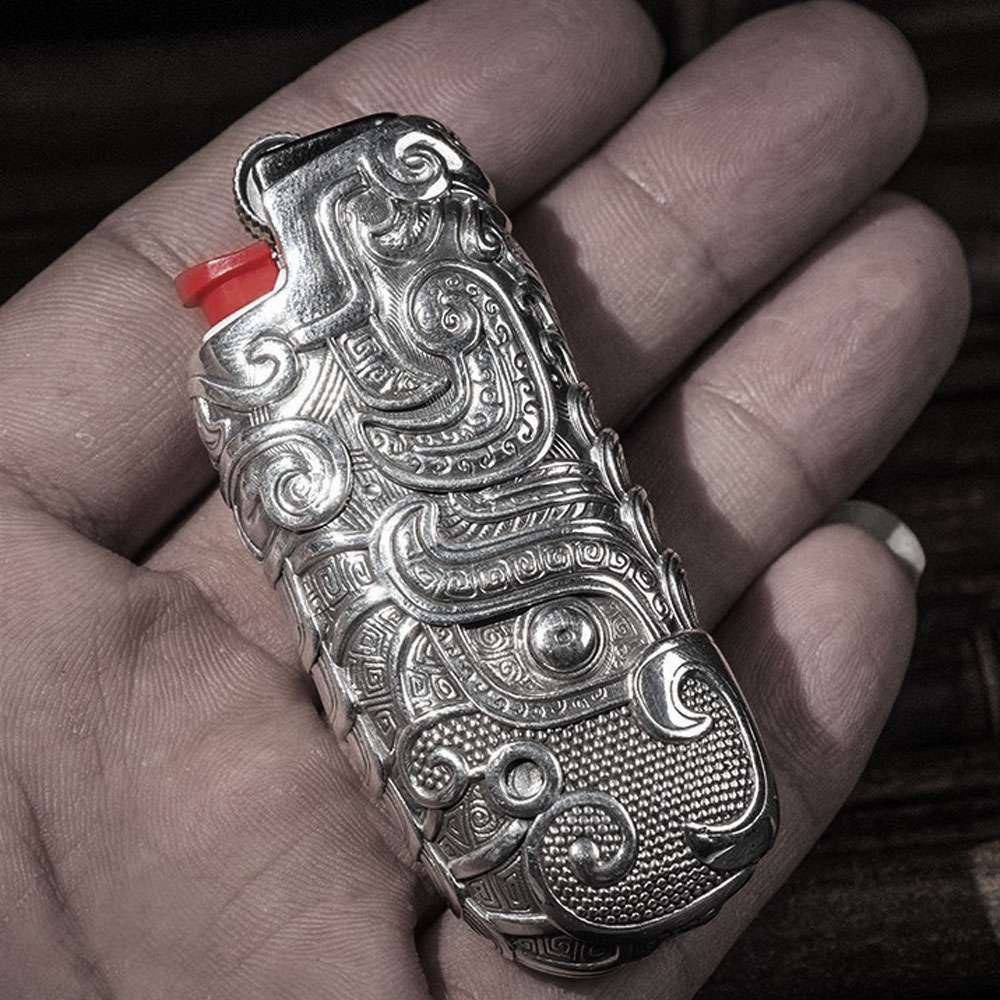 Taotie Flame Lighter Case for BIC J5 – 925 Silver Engraved Gothic Lighter Sleeve