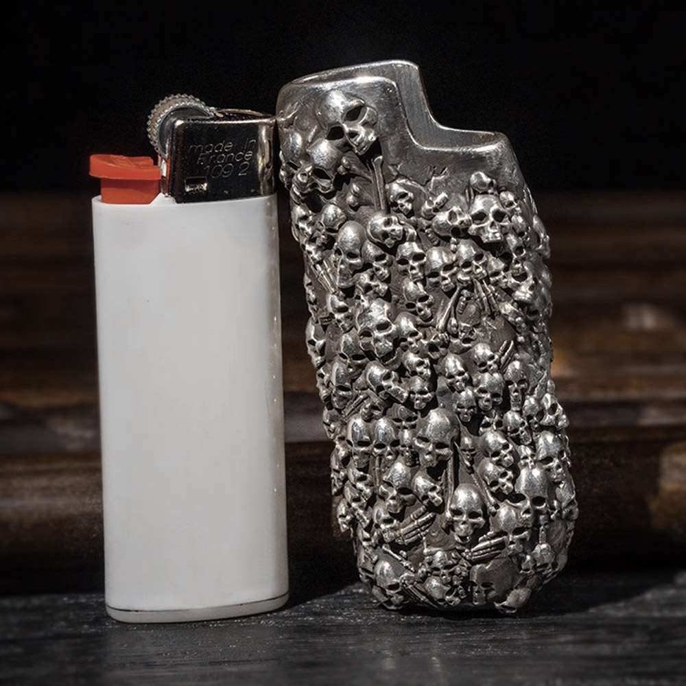 Skull Sterling Silver BIC Lighter Case - Hand Engraved Cover