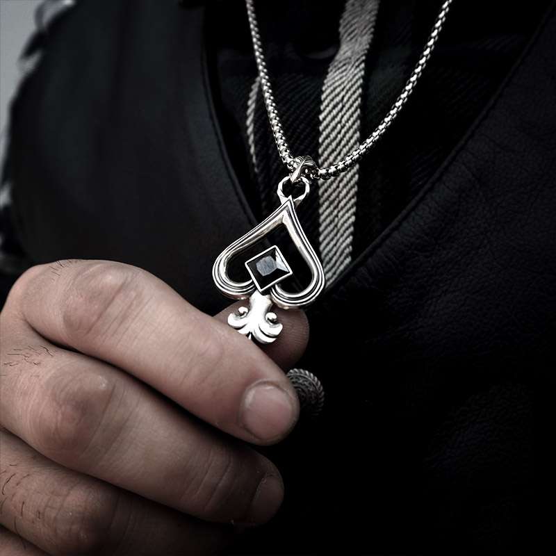 Ace of Spades Necklace 925 Silver playing cards A black gem pendant