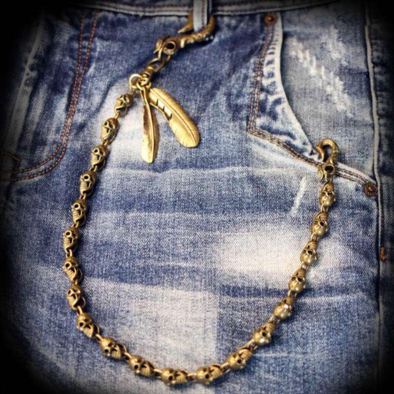 Brass skull wallet chain double feathers copper key chain
