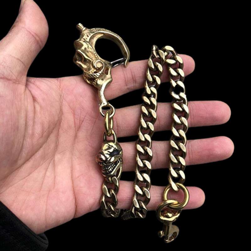 Bearded skull wallet chain brass Double skull buckle copper key chain