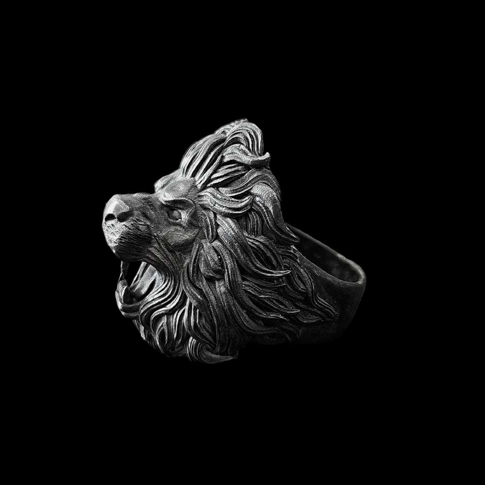 Solid Silver Lion Head Ring - Hand Carved Men's Jewelry
