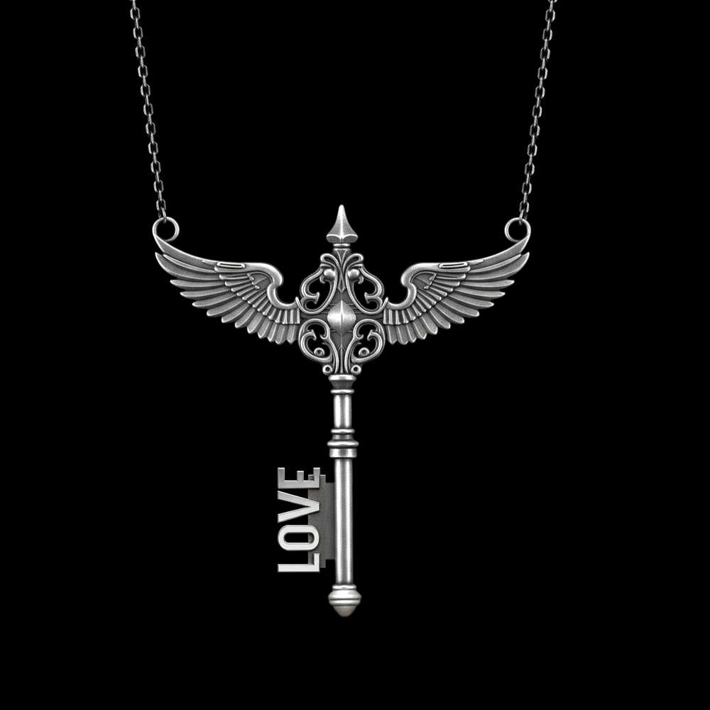 Custom Name Necklace – 925 Silver Angel Wing Key Pendant