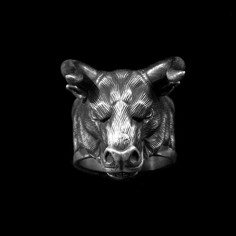 Ox head ring 925 Silver mens bullfight rings