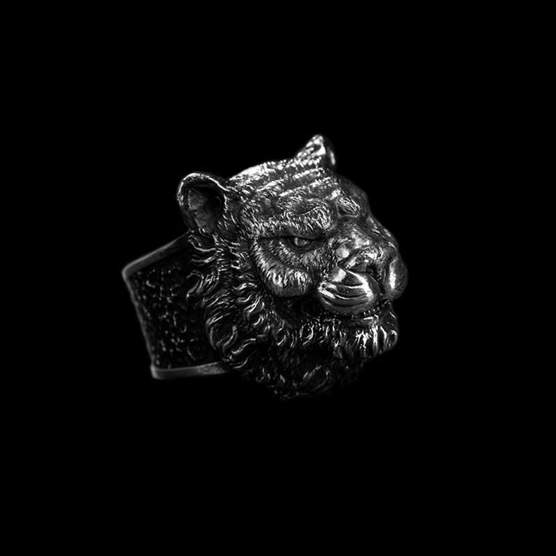 Sterling Silver Panthera Tiger head Ring Domineering mens ring