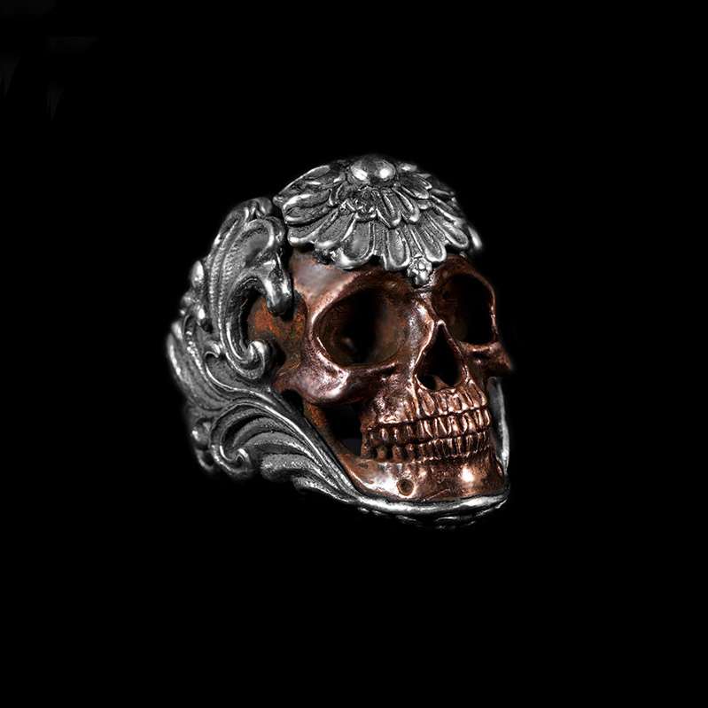 Skull Engagement Rings 925 Silver and Red copper baroque retro pattern skull rings