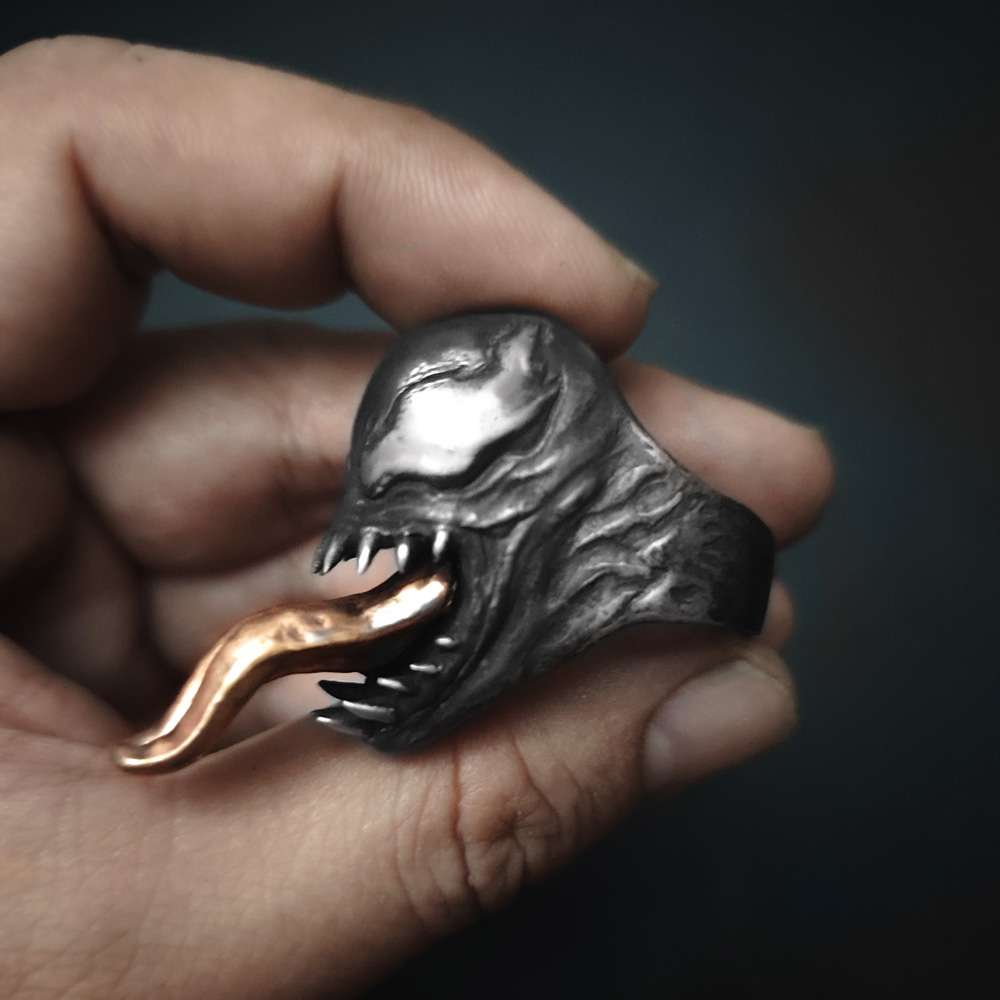 Venom Ring - 925 Silver Handmade w/ Pink Copper Tongue